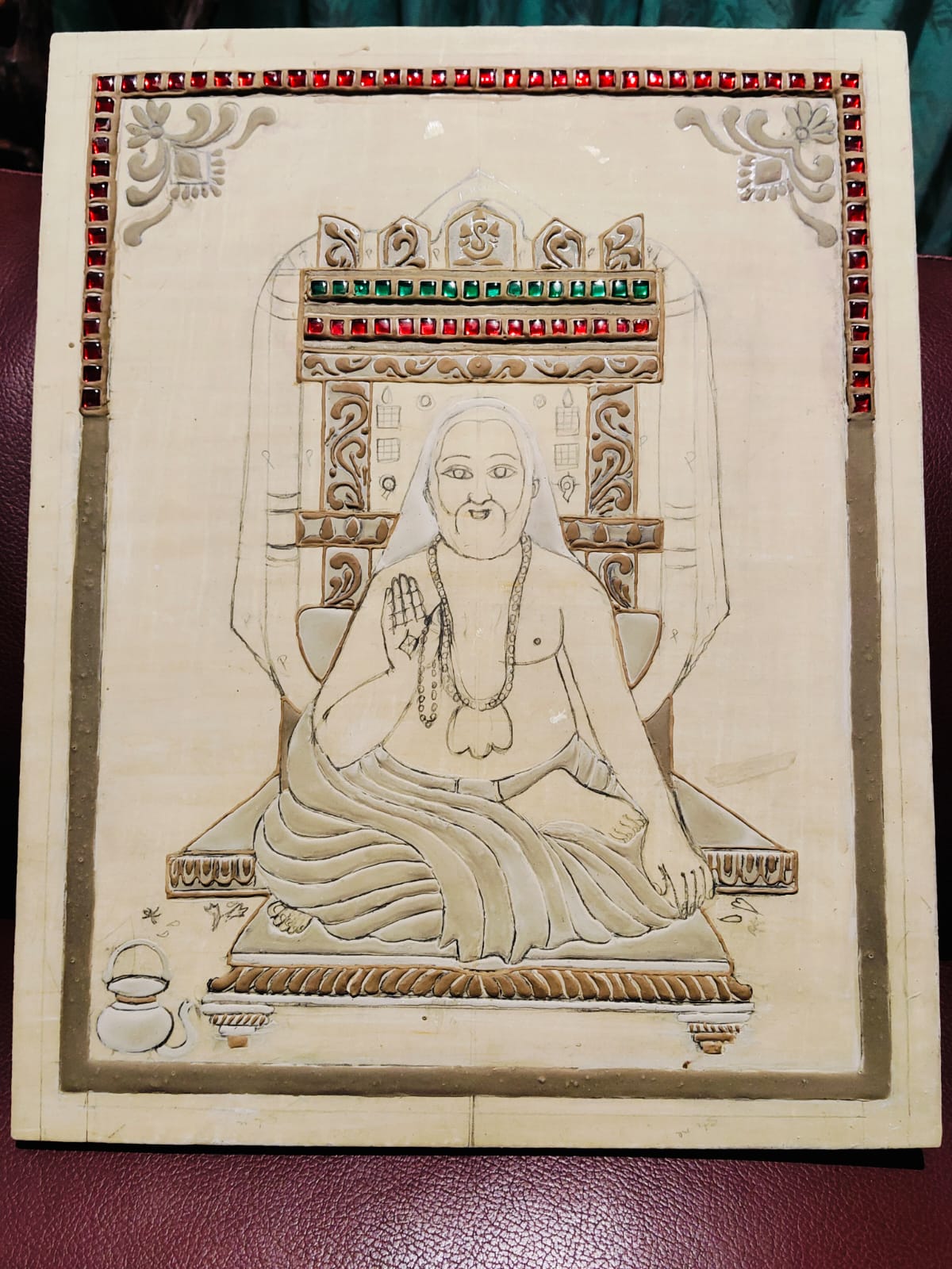 Work-in-progress devotional painting of Raghavendra Swamy
